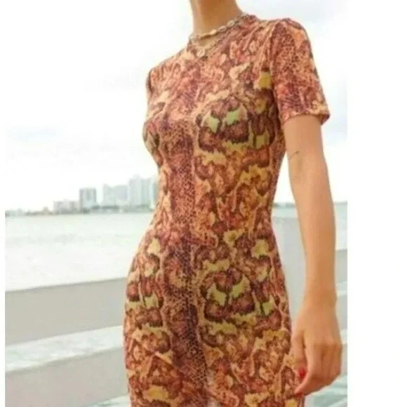 Urban Outfitters Dress Women's Sz Small Orange Mesh Snakeskin Mock Neck Bodycon - Picture 1 of 13